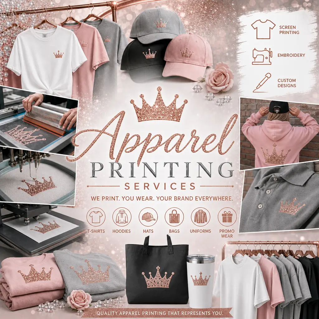 Rose gold collage showing Sugar Print apparel printing services including custom shirts, hats, embroidery, screen printing, and branded merchandise.