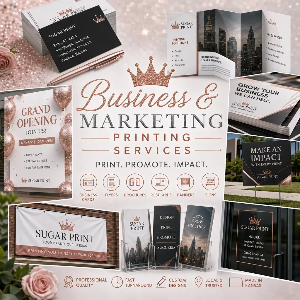 Rose gold collage showing Sugar Print business and marketing printing services including brochures, business cards, menus, banners, and promotional materials.