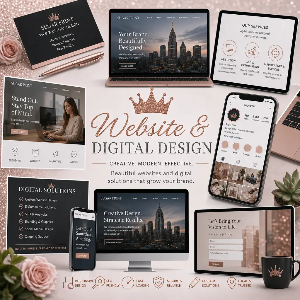 Rose gold collage showing Sugar Print website and digital design services including custom web design, branding, and SEO-friendly layouts.